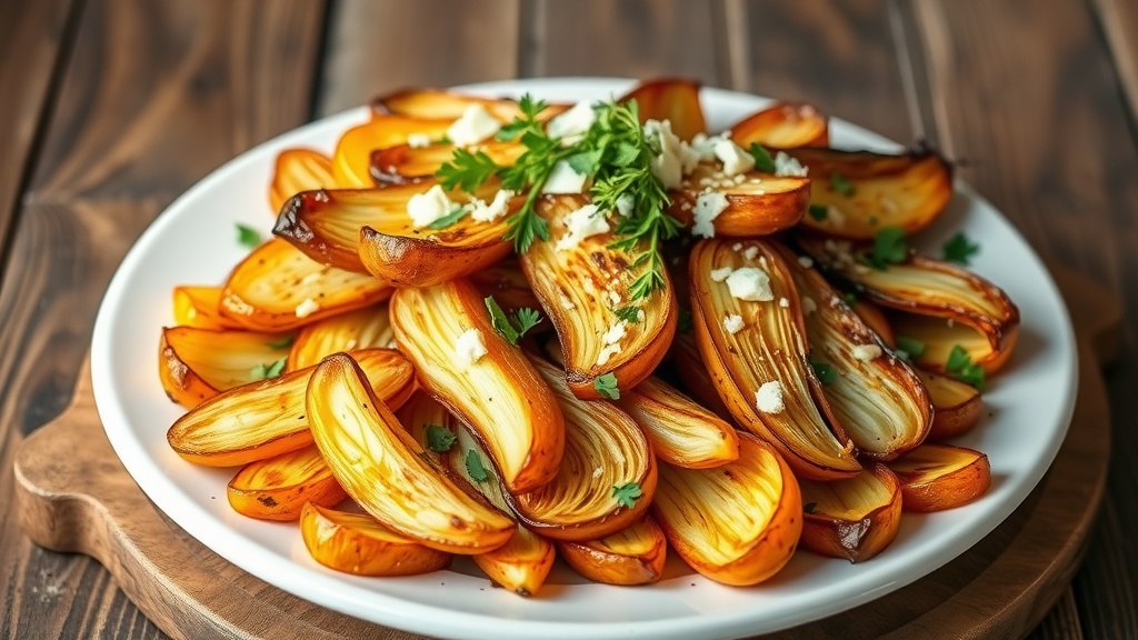 Savory Roasted Fennel Recipe Savory roasted fennel slices garnished with herbs and Parmesan on a rustic platter.